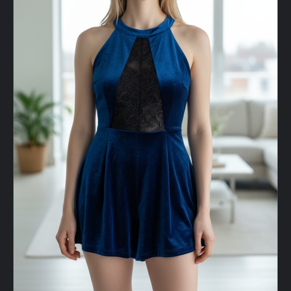 Blue Velvet Sleeveless Romper